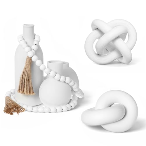 Farmhouse Decor Set Ceramic Vase Wood Bead Garland Wood Knot,White - color: White