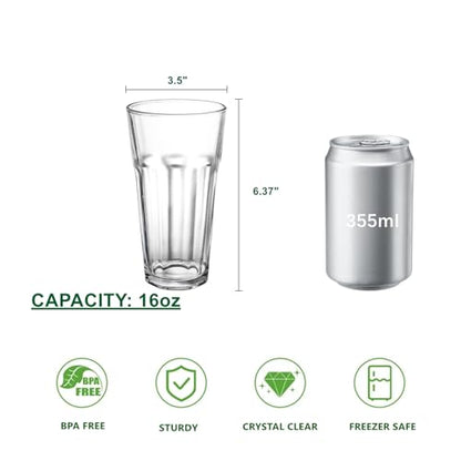 Yopay Set of 6 Drinking Glasses 16oz, Thick Tempered Water Glasses, Lead-Free Highball Pint Clear Iced Hot Tea Glassware for Juice, Beer, Cocktails Milkshake, Soda Tumbler