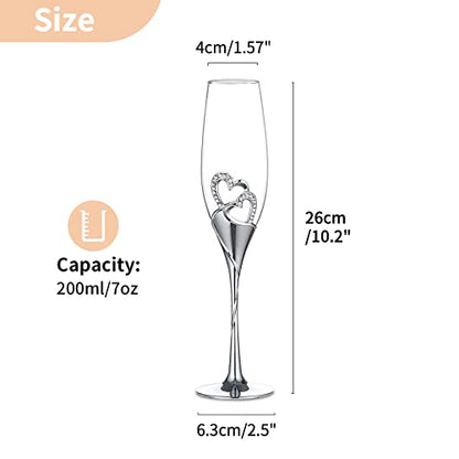 NUPTIO Gold Crystal Champagne Flutes, Wedding Gifts for Couple, Set of 2 | 6.76oz Rhinestone Rimmed Heart Toasting Glasses, Wine Cups for Anniversary, Engagement, Valentine's Day, Bridal Shower - color: Silver