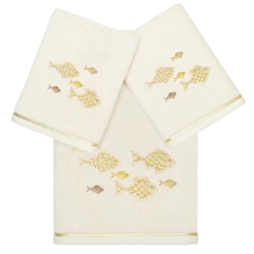 Treasure 3-Piece Towel Set, Embroidered Fish Design, 100% Turkish Cotton, Luxuriously Soft & Absorbent, Elegant Coastal Decor, 1 Bath 2 Hand Towels, Beige - color: Beige, size: 1 Pc Bath 2 Pcs Hand Towel