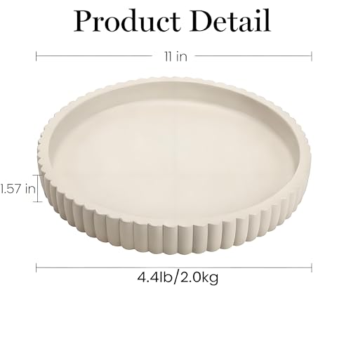 11" Round Fluted Concrete Decorative Tray, Gray Ribbed Modern Vanity Tray for Coffee Table, Bathroom Counter, Kitchen Island, Elegant Centerpiece for Home Decor, Bandeja Decorativa