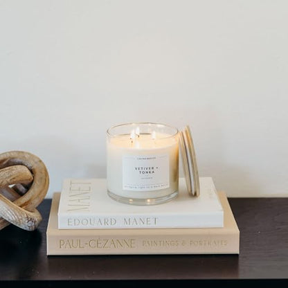 Vetiver & Tonka 3 Wick Scented Candle - 43 Hour Burn | Made in the USA Luxury Clean Soy Wax Candles - Long Lasting Large Glass Jar Candle for Home - 3 Wicks - 14.9oz - color: Vetiver + Tonka