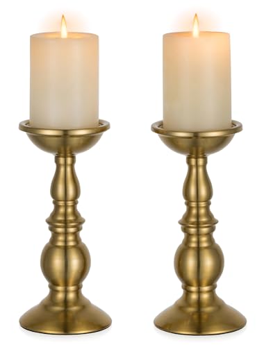 NUPTIO Pillar Candle Holder Brass: Gold Tall Candles Stand for 3" Pillars | (2 x L) Large Metal Candleholder Decorative for Table Fireplace Decor Christmas New Year Party Centerpiece - color: Brass, size: L + L