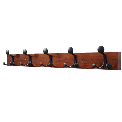 SKOLOO 30-Inch Cherry Wood Coat Rack Wall Mount with 5 Triple Hooks - Ideal for Family Entrances, Classrooms, and Pet Supplies Storage - Perfect Coat Hooks for Wall - color: Cherry, size: 30 inch with 5 hooks