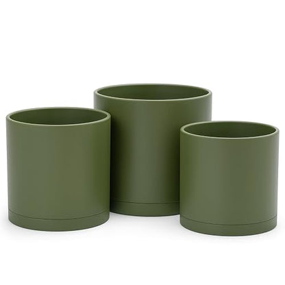 D'vine Dev 3-Pack Plastic Pots & Saucers, 6/6.5/8 in, Olive, 74-V-I-3 | Multi-Size Options, Lightweight Durable, Matte Finish, Cylinder Shape, Drainage Holes, Sleek Design, Detachable Saucer - color: Olive, size: Medium