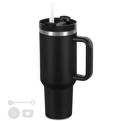 40 Oz Tumbler with Handle, Double Wall Vacuum Insulated Stainless Steel Tumbler with Lid and Straw, 40 oz cup with Silicone Spill Proof Stopper Set (Black-1) - color: Black-1