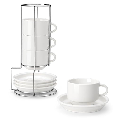 MALACASA 8 OZ Porcelain Espresso Cups with Saucers and Metal Stand Set of 4, Stackable Cappuccino Cups, White Expresso Shots Cup Set for Coffee Drinks, Latte, Tea - color: White, size: 8 Oz