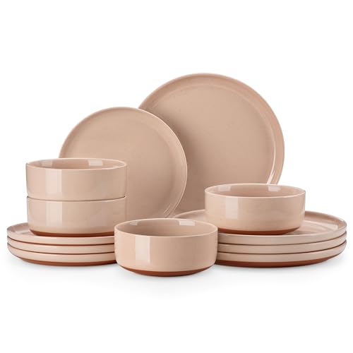 MALACASA Plates and Bowls Sets, 12 Pieces Modern Stoneware Dinnerware Set for 4 Kitchen Dinner Set Ceramic Dishware Dishes Set Microwave and Dishwasher Safe, Pink, Series TARA - color: Pink, size: 12 Pcs (Service for 4)