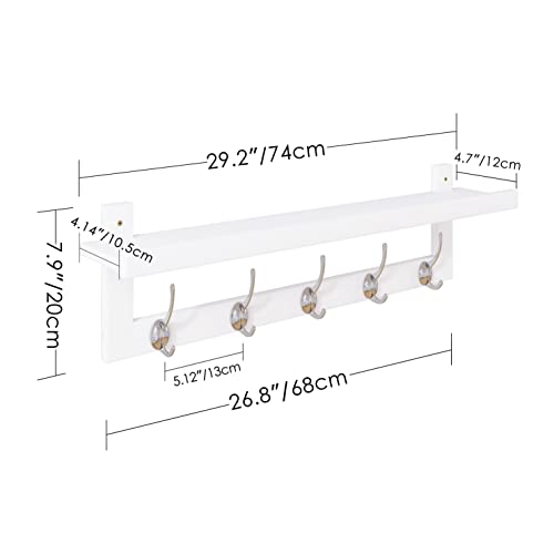 SMIBUY Coat Hooks with Shelf Wall-Mounted, 29.2 Inch Entryway Coat Rack for Wall, Bamboo Hanging Shelf with 5 Double Metal Hooks for Bathroom, Bedroom, Kitchen, Living Room, Mudroom (White) - color: White