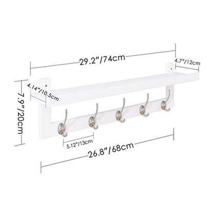 SMIBUY Coat Hooks with Shelf Wall-Mounted, 29.2 Inch Entryway Coat Rack for Wall, Bamboo Hanging Shelf with 5 Double Metal Hooks for Bathroom, Bedroom, Kitchen, Living Room, Mudroom (White) - color: White