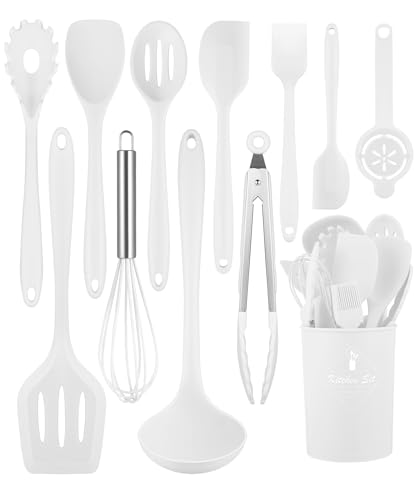 White Kitchen Utensils Set-12 Pieces Silicone Cooking Utensils Set | Dishwasher Safe 392°F Heat Resistant Spatula Set Kitchen Utensil Set for Nonstick Cookware,Best Kitchen Tools with Holder - color: White