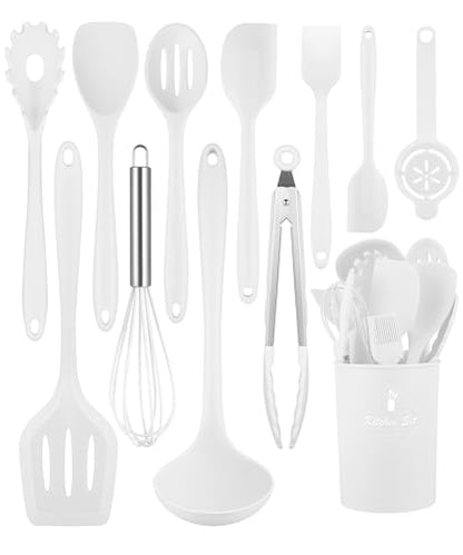 White Kitchen Utensils Set-12 Pieces Silicone Cooking Utensils Set | Dishwasher Safe 392°F Heat Resistant Spatula Set Kitchen Utensil Set for Nonstick Cookware,Best Kitchen Tools with Holder - color: White