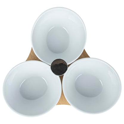 Restaurantware-15 Ounce Bowl Set with Tray - 1 Dishwashable Serving Set, Includes 3 Porcelain Bowls And 1 Bamboo Tray, Durable, White Porcelain And Bamboo Bowl And Platter Kit, Reusable, Freezable - size: Triple set, style: Incline