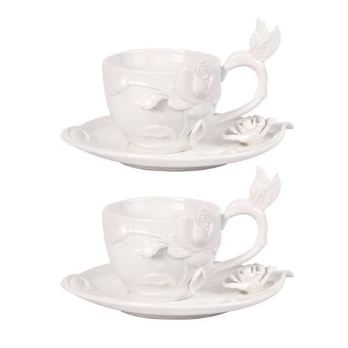 KAMMAK Tea Cups and Saucers Set of 2, 8.5 oz Porcelain Coffee Cups, 566N | Stackable Espresso Mugs, Ceramic Demitasse for Coffee, Cappuccino, Latte, Americano, Tea - size: 7KPSP566N