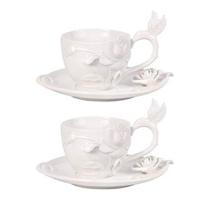 KAMMAK Tea Cups and Saucers Set of 2, 8.5 oz Porcelain Coffee Cups, 566N | Stackable Espresso Mugs, Ceramic Demitasse for Coffee, Cappuccino, Latte, Americano, Tea - size: 7KPSP566N