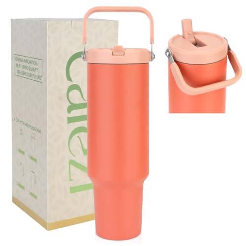 50 oz Tumbler with Lid and Straw, 18/8 Stainless Steel Water Bottles | Flip Straw, Top Handle, Leak Proof, Sweat-Free, Fits Cup Holder, Vacuum Insulated Cup for Home, Office, Outdoors, Car, Hiking - color: Coral Orange, size: 50 Ounces