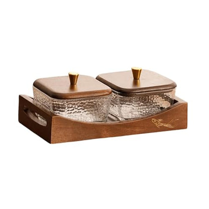 Divided Serving Tray with Lid, Made of Glass and Wood, Snack Bowl with Compartments for Fruit, Nuts, and Sweets. and Practical for Kitchen, of, 2 Compartments - size: 2 Compartments