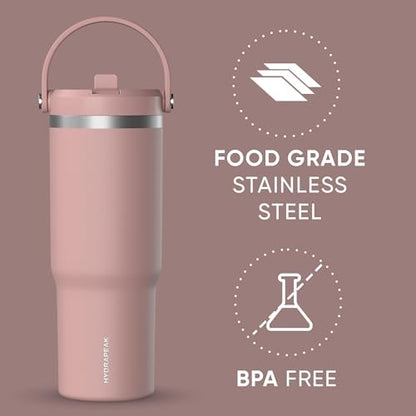 Hydrapeak Nomad 32oz Stainless Steel Insulated Travel Tumbler with Handle & Straw Lid, Leakproof, Cupholder Friendly, Back to School, College Dorm, Gym & Everyday Hydration, Cold 24 Hours (Rosewood) - color: Rosewood