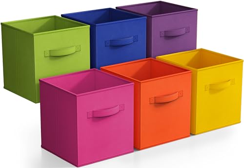 Sorbus 11 Inch Fabric Storage Cubes - Sturdy Collapsible Bins With Handle - 6 Foldable Baskets for Organizing Clothes, Toys, Books - Multi Colored Storage Baskets for Shelves, Kids Room, Closets - color: Bright Rainbow, size: 11 Inch