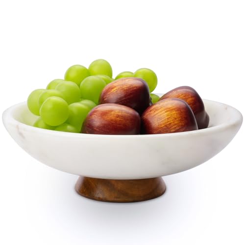SAMAH White Marble Fruit Bowl with Acacia Wood Pedestal, Large Decorative Marble Bowl, Natural Stone Fruit Bowl for Kitchen Counter, Entryway, Keys, Dining Table, House Warming Gifts New Home(11Inch) - color: White