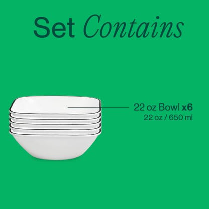 Corelle Vitrelle 6-Piece (22-Oz) Cereal Soup Bowls, Triple Layer Glass and Chip Resistant, Lightweight Square Dinnerware Bowl Set, Simple Lines | Triple Layer Glass and Chip Resistant, Lightweight Square Dinnerware Bowl Set, Simple Lines - size: 6.25" Bow