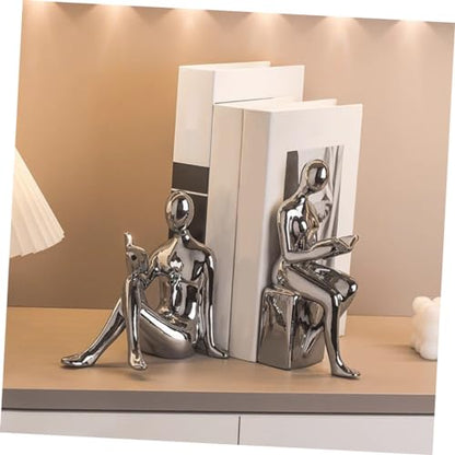Modern Ceramic Silver-Plated Bookends Pair Decorative Reading Figurines for Home Office Aesthetic Desk Decor Unique Shelf Decorations for Living Room