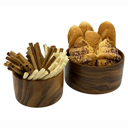Acacia Wood Bowl Set of 2, Artisan Hand-Turned Cylindrical, 8" & 6" Bowls | Solid joint-free acacia wood bowls with continuous grain, handcarved for salad, fruit, bread, serving food 8 x 4 & 6 x 3.5 in