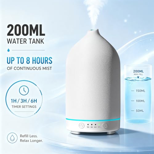 200ML Ceramic Essential Oil Diffuser for Home, Stone Diffuser | Ultrasonic Aromatherapy Diffuser & Air Humidifier for Bedroom, Office, Yoga, 7 LED Lights, Auto Shut-Off, 3 Timers, White - color: White