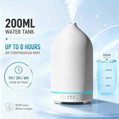200ML Ceramic Essential Oil Diffuser for Home, Stone Diffuser | Ultrasonic Aromatherapy Diffuser & Air Humidifier for Bedroom, Office, Yoga, 7 LED Lights, Auto Shut-Off, 3 Timers, White - color: White