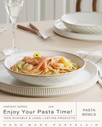 getstar Pasta Bowls, Large Salad Serving Bowls (7.6 inch & 22 oz), Ceramic Bowl Plates Set of 4, Farmhouse Embossments, Microwave and Dishwasher Safe - size: 7.6"/22oz