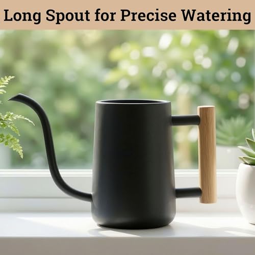 Metal Small Indoor Watering Can with Long Spout & Real Wood Handle, 35oz | Long Spout, Stainless Steel, Real Wood Handle, Gentle Flow, No Spills, Suitable for House Plants, Succulents & Seedlings - color: Black