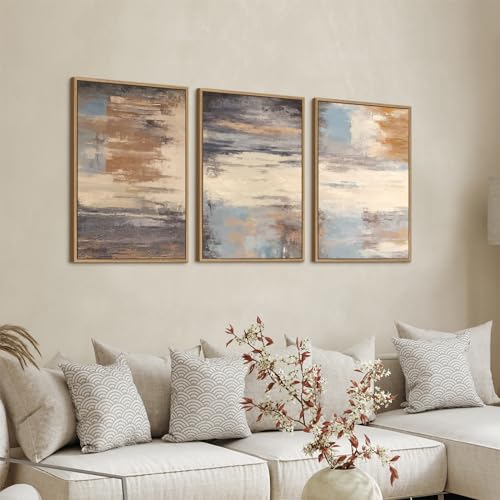 Large Framed Canvas Wall Art, Abstract Colorful Painting Picture, 16"X24"X3 | Modern Brown Beige Grey Lines Poster Artwork, Framed Light Blue Graffiti Print Decor, 16X24 Inch Set of 3, for Living Room - color: Sepia, size: 16" X 24" X 3pieces Framed