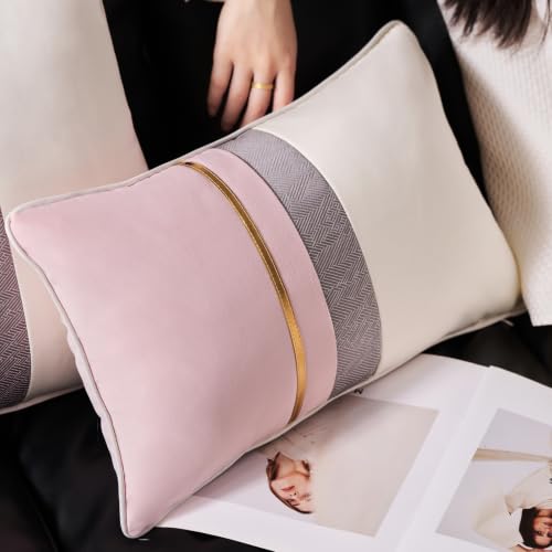 Avigers Lumbar Pillow Cover 12 x 20 Inch, Pink White, Rayon Blend | Insert not included; Art Deco patchwork accent for couch, sofa, bed and living room; removable for seasonal updates - color: Pink, White, size: 20" x 12" (Pack of 1)