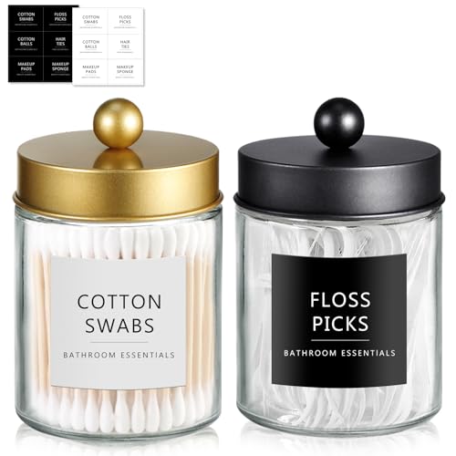 SheeChung 2 Pack Glass Qtip Holder with Black & Gold Stainless Steel Lids | Apothecary Jars with Stickers, Modern Farmhouse Bathroom Vanity Organizer for Cotton Swabs, Balls, Pads - color: Black&Gold, size: 2 pack