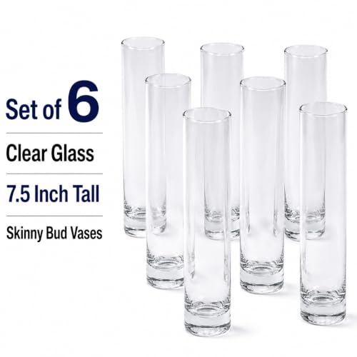 Koyal Wholesale Bud Vases, 7.5 Inch Clear Glass Cylinder, Set of 6