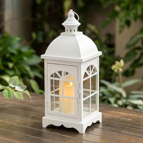 TRIROCKS Decorative Vintage Candle Lanterns 14.5" H Farmhouse Outdoor Hanging Lanterns with Tempered Glass for Porch, Balcony, Patio, Home, Centerpieces, Indoor, Outdoor(White) - color: 20''&14.5''h White