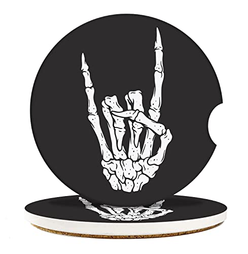 Car Coasters for Drinks, 2 Pcs Ceramic Stone 2.56" Skeleton | Skull Vintage Rock Rocker Absorbent Non-Scratch Cork Base Cupholder Auto Accessories for Women Men - color: Skull 6