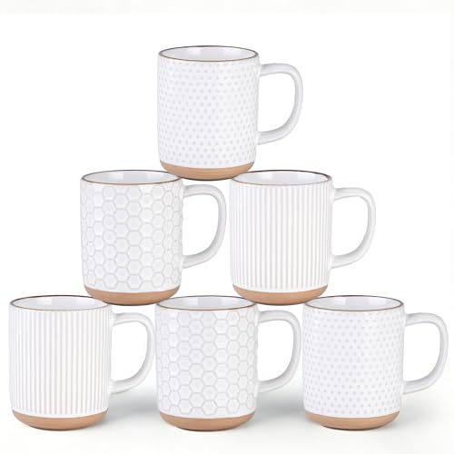 GBhome Coffee Mugs Set of 6, 16 oz White Coffee Cups with Large Handle | 3 Assorted Designs, Embossed Ceramic Coffee Mugs for Coffee/Tea/Cappuccino, Dishwasher&Microwave Safe - color: Off-White, size: Set of 6 (16 Ounce)