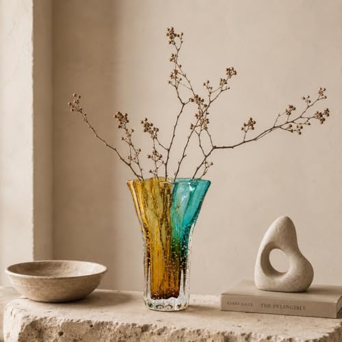 Art Glass Vase with Hand Blown Bubble Texture, Decorative Blue Amber Glass | Modern Home Decor Accent for Flowers Living Room, Dining Table, Shelf Entryway Display