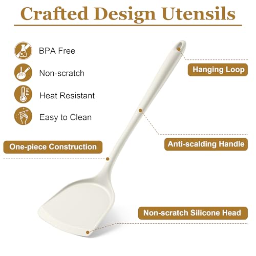 LIANYU 8Pcs Kitchen Cooking Utensils Set, Nonstick Silicone Utensil Sets | Heat Resistant Kitchen Gadgets Essentials for Nonstick Cookware, with Spatula, Spoon, Tuner, Ladle, Dishwasher Safe, White - color: White
