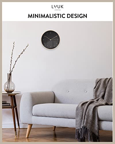 Modern Silent Quartz Wall Clock, 10in, Black & Gold | Chic & Minimalist, Non-ticking, Analog, Arabic numerals, Easy-to-read, Battery operated, for Living Room, Mantel, Foyer - color: Black & Gold, 10"