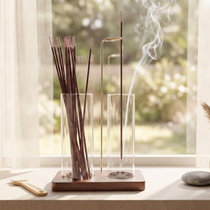 2 in 1 Anti-Ash Incense Holder for Sticks, Upside Down Hanging Incense Burner with Removable Glass Ash Catcher and Wooden Base, Modern Vertical Zen Decor for Home Office Yoga Meditation Room