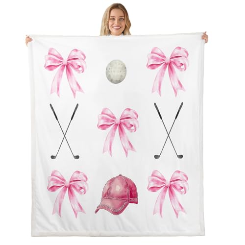 Kawaii Bow Throw Blanket,Girls Golf Bowknot Bed Plush Blanket for Kids Boys Girls Teens,Cartoon Golf Club Fleece Throw Blanket for Sofa Room Decor,Girly Sport Pink White Bed Blanket,90"x90" - color: Pink and White, size: Queen
