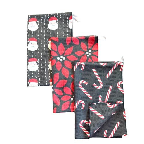 Kitchen Towels, Dish Towels for Kitchen, 3 Pc Kitchen Towel Set | Microfiber Waffle Towels, 16 x 26 inches, with Hanging Loops, Reusable Tea Towels, Cute Kitchen Towels - 3 Pack - color: Christmas