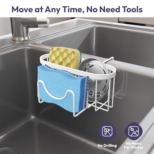 SWTYMIKI Sponge Holder for Kitchen Sink - Movable Kitchen Sink Caddy with M Shape Hook, Stainless Steel Hanging Sponge Caddy for Dish Sponge, Brush, Stopper Organizer in Double Bowl Sink, White - color: White-regular