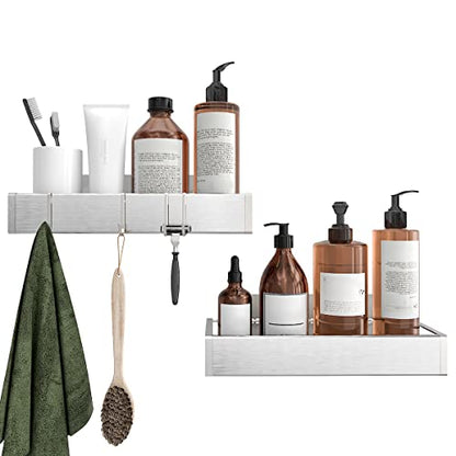 Bathroom Adhesive Shower Caddy Basket Shelf with Hooks, No Drilling Removable Bathroom Shelf Organizer,Stainless Steel Rustproof Shower Rack for Shampoo Storage, Sponge Holder-Silver - color: Silver
