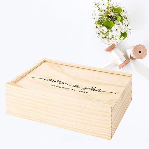 Koyal Wholesale Custom Cursive Names and Heart Wedding Keepsake Box, 4 x 6 -inch, Custom Names, Date, Natural Wood - color: Cursive Heart Names