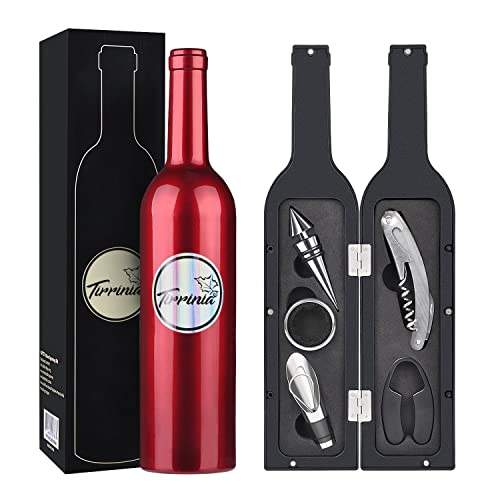 Wine Accessories Gift Set - Wine Bottle Corkscrew Opener Kit, Drip Ring, Foil Cutter and Wine Pourer and Stopper in Novelty Bottle-Shaped Case for Valentine's Gift, Red