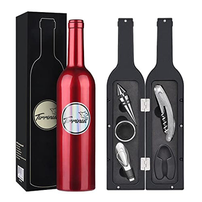 Wine Accessories Gift Set - Wine Bottle Corkscrew Opener Kit, Drip Ring, Foil Cutter and Wine Pourer and Stopper in Novelty Bottle-Shaped Case for Valentine's Gift, Red