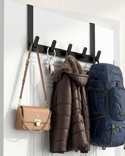KitchLife Over The Door Hooks - Heavy Duty 5-Hook Organizer, 80lb Total Capacity for Robes, Coats & Towels, Fits 1 3/4" Doors, L18U, Gap-Free & Scratch-Free Design, Black,1-Pack - color: Matte Black, size: Fits 1-3/4" Doors with 7" Arms-1 Pack